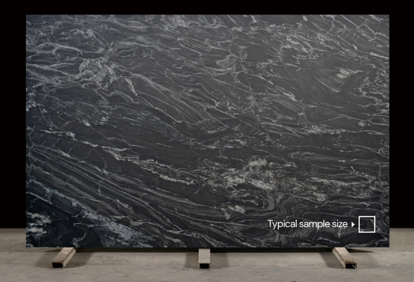 A full size slab image of Nero Tempesta, a black natural granite